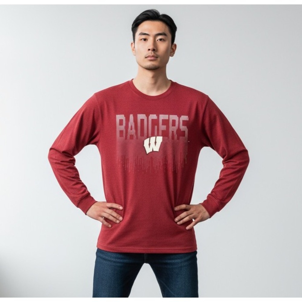 Wisconsin‎ Badgers Long Sleeve Graphic T-Shirt Red Mens Large Basket Ball